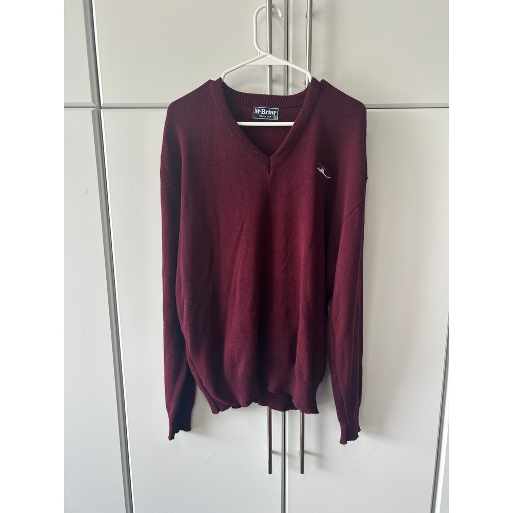 Vintage McBriar Mens XXL V-Neck Sweater Burgundy Maroon Helicopter Logo USA Made